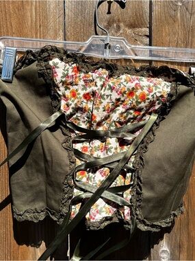 Current Mood Olive Lace-Up Corset Crop Top with Ribbon Detail